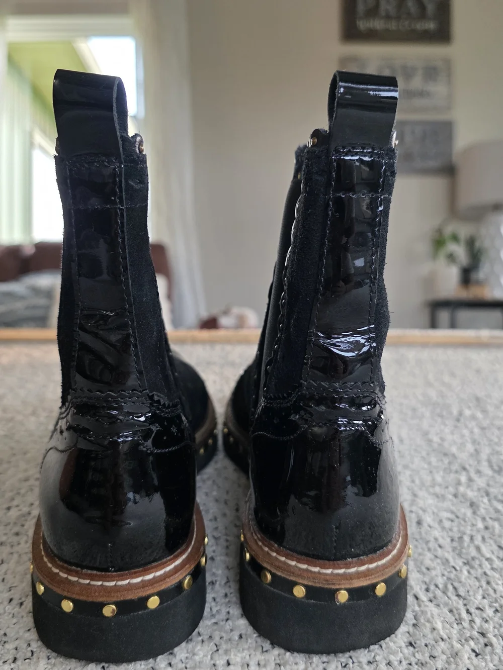 Free People Black Suede Patent Leather Studded Chelsea Ankle Boots 38/ Size 8